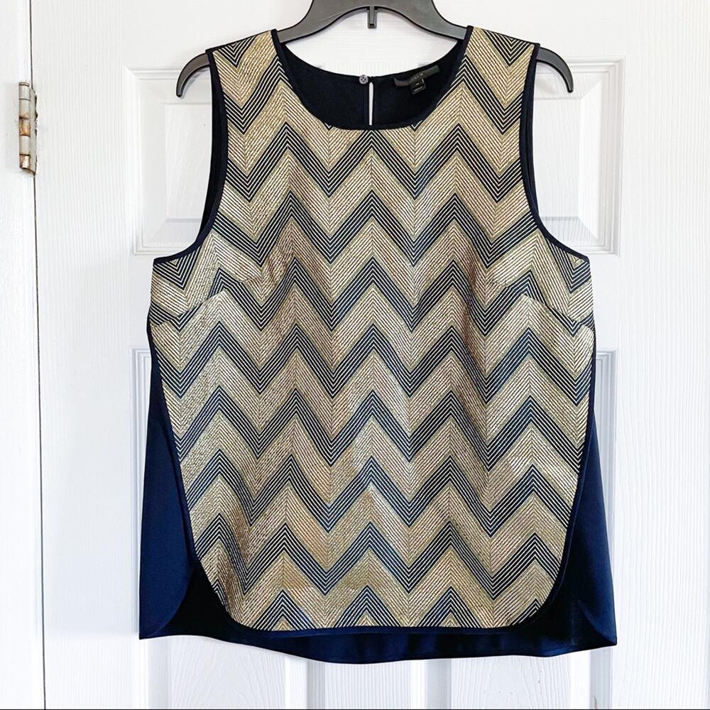 J. Crew Navy Metallic Gold Chevron Blouse